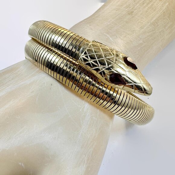 Snake Bracelet, Upper Arm, Gold Tone, Glass Eyes, Red, Vintage, Chunky, Unique - Picture 1 of 6